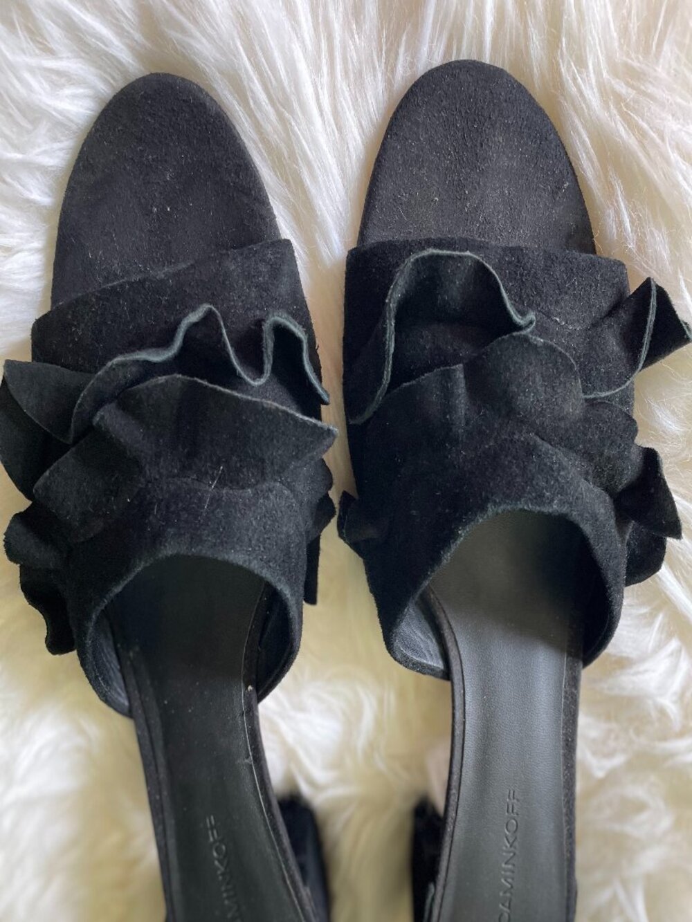REBECCA MINKOFF Black Suede Ruffled Sandals